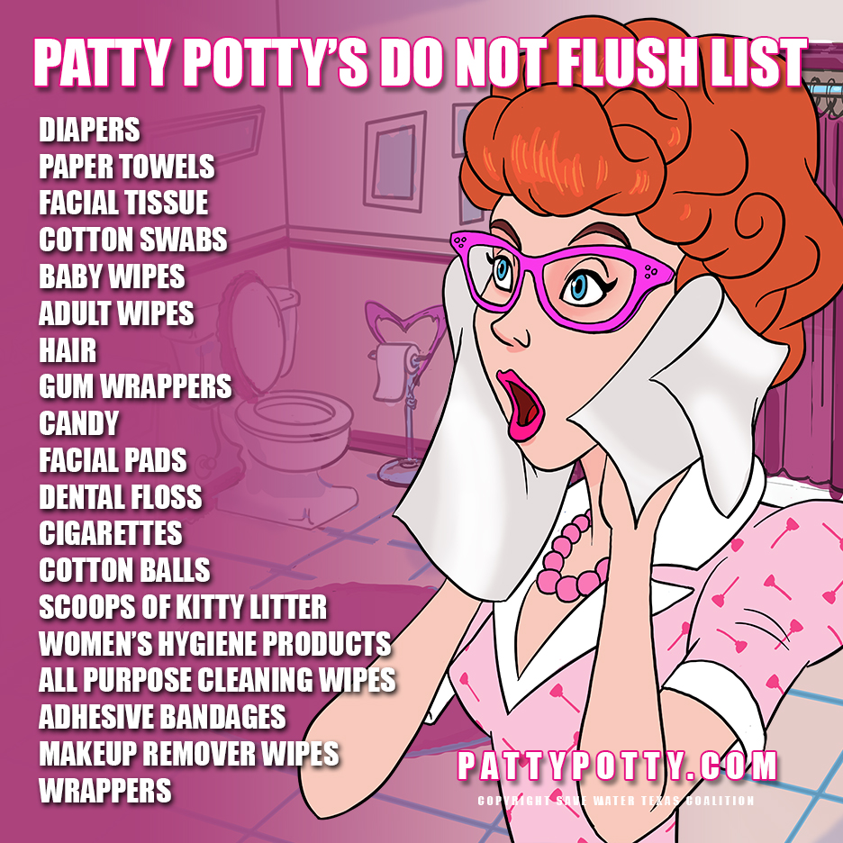 Patty Potty’s list of items you should NOT flush down the toilet Patty Potty's list of items you should NOT flush down the toilet